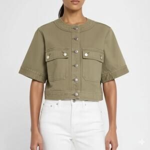 $428 Veronica Beard Elias Green Cotton Jacket Womens Size M Short Sleeve New